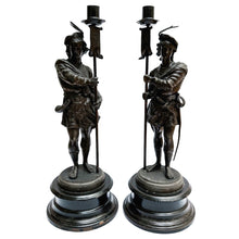 19th Century French Antique Spelter Figural Candlesticks – Pair of Renaissance Troubadour Warriors