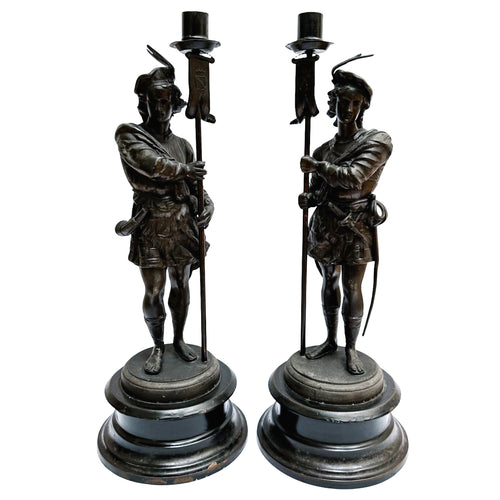 19th Century French Antique Spelter Figural Candlesticks – Pair of Renaissance Troubadour Warriors