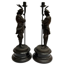 19th Century French Antique Spelter Figural Candlesticks – Pair of Renaissance Troubadour Warriors