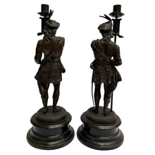 19th Century French Antique Spelter Figural Candlesticks – Pair of Renaissance Troubadour Warriors