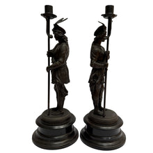 19th Century French Antique Spelter Figural Candlesticks – Pair of Renaissance Troubadour Warriors