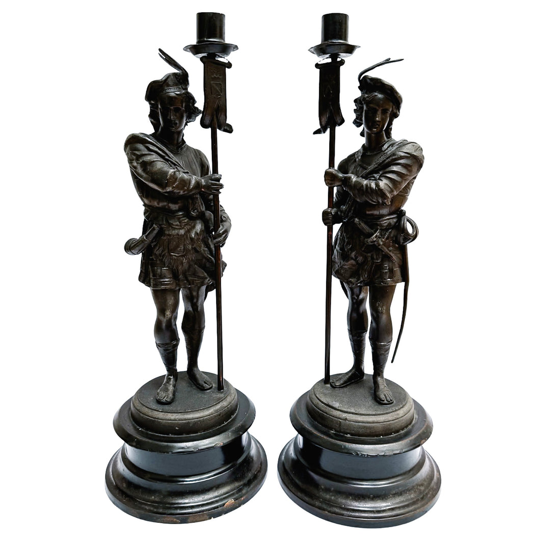 19th Century French Antique Spelter Figural Candlesticks – Pair of Renaissance Troubadour Warriors