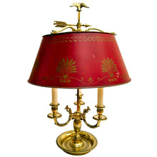 French Empire Style Three-Light Brass Bouillotte Lamp With Crimson Red Tole Shade