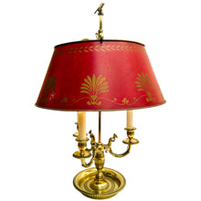 French Empire Style Three-Light Brass Bouillotte Lamp With Crimson Red Tole Shade