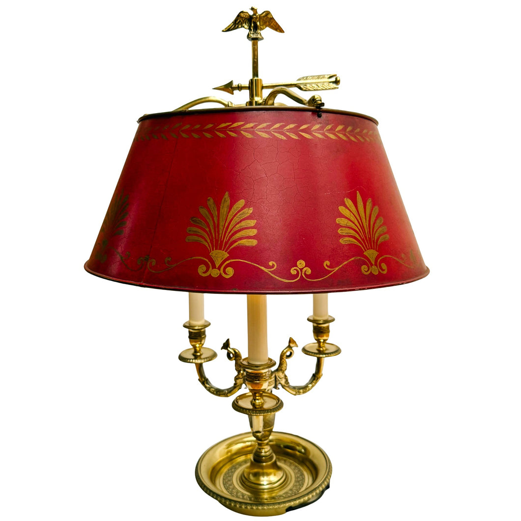 French Empire Style Three-Light Brass Bouillotte Lamp With Crimson Red Tole Shade