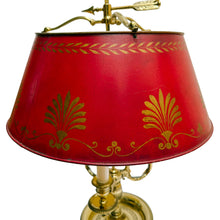 French Empire Style Three-Light Brass Bouillotte Lamp With Crimson Red Tole Shade