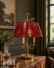 French Empire Style Three-Light Brass Bouillotte Lamp With Crimson Red Tole Shade