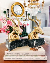 Large Hollywood Regency Brass Gazelle / Antelope Head Bookends on Raw Edge Marble Bases