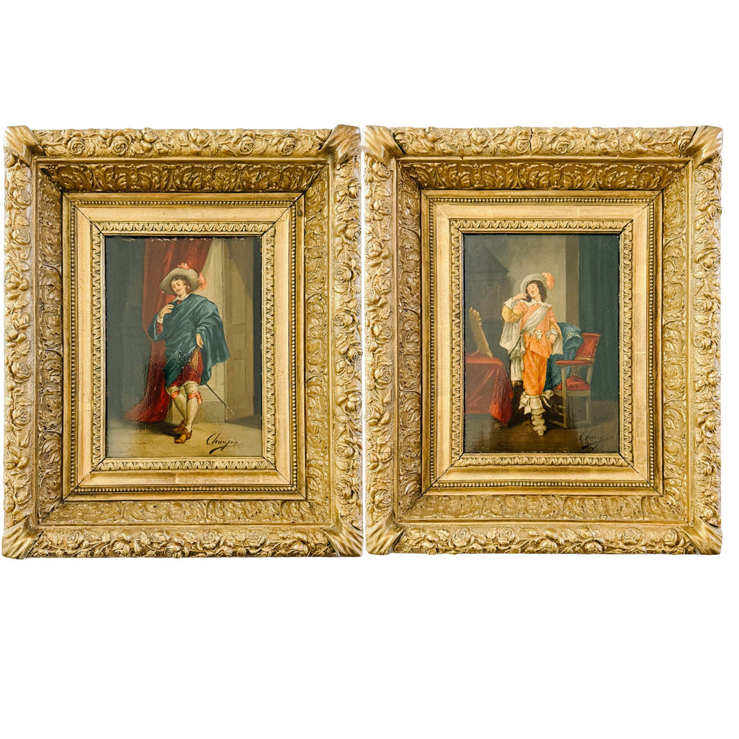 Mid-19th Century Italian Cavalier Portrait Oil Paintings in Ornate Giltwood Frames