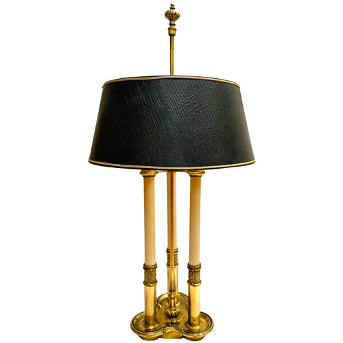 Mid-Century Neoclassical Stiffel Solid Brass 3-Light Bouillotte Lamp with Black Faux Snakeskin Shade