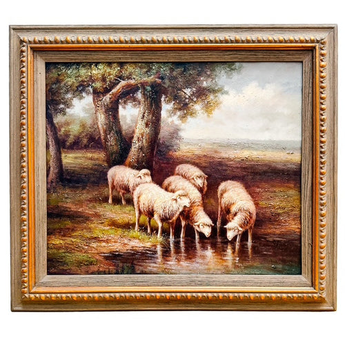 Mid 20th Century Large Framed Pastoral Sheep Landscape Impasto Painting on Canvas