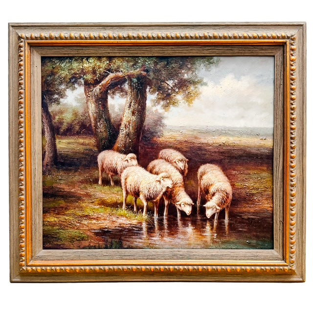 Mid 20th Century Large Framed Pastoral Sheep Landscape Impasto Painting on Canvas