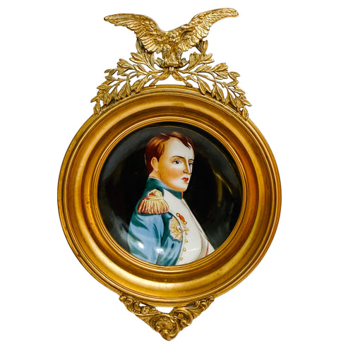 Miniature Napoleon Portrait on Ceramic in Imperial Eagle Faux-Gilt Frame