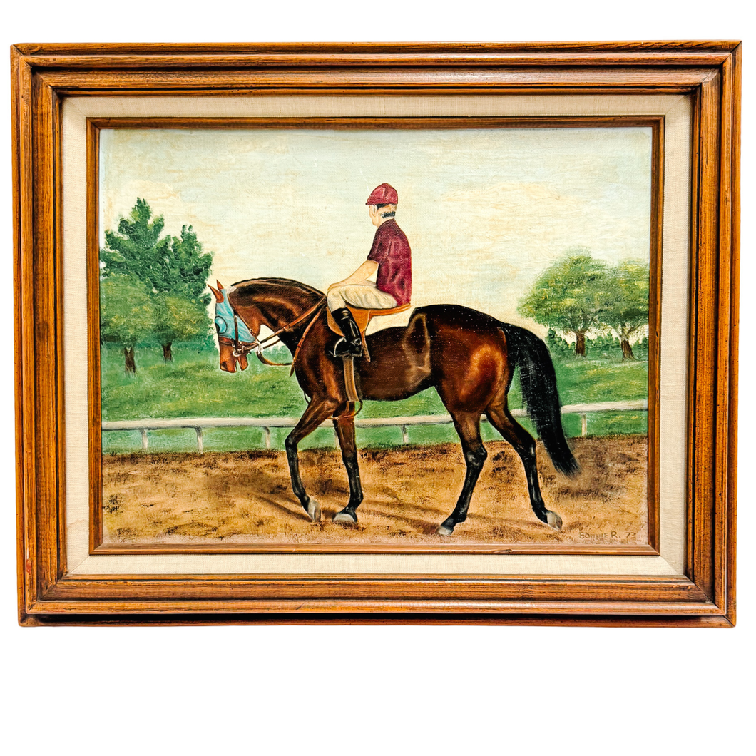 Vintage 1973 Signed Equestrian Oil Painting – 