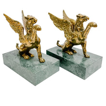 Pair of Brass Griffins on Green Marble Bases Bookends