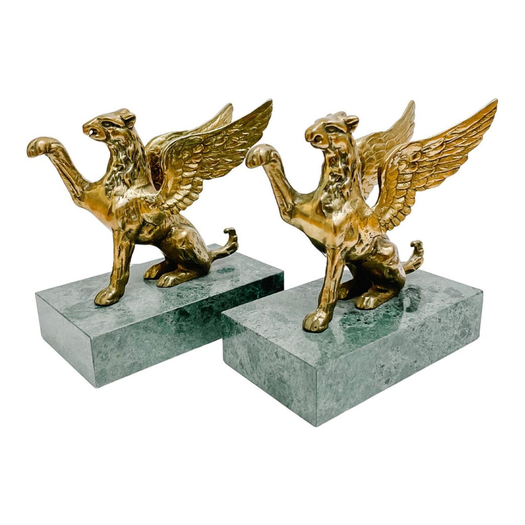 Pair of Brass Griffins on Green Marble Bases Bookends