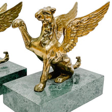 Pair of Brass Griffins on Green Marble Bases Bookends