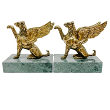 Pair of Brass Griffins on Green Marble Bases Bookends