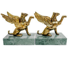 Pair of Brass Griffins on Green Marble Bases Bookends