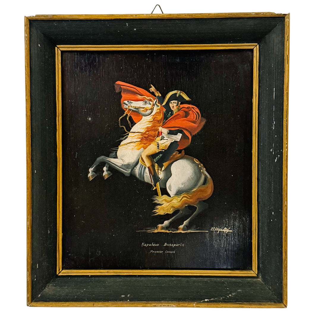 Vintage Miniature Oil Painting of Napoleon Crossing the Alps After Jacques-Louis David - Small Framed French Imperial Portrait Oil on Board