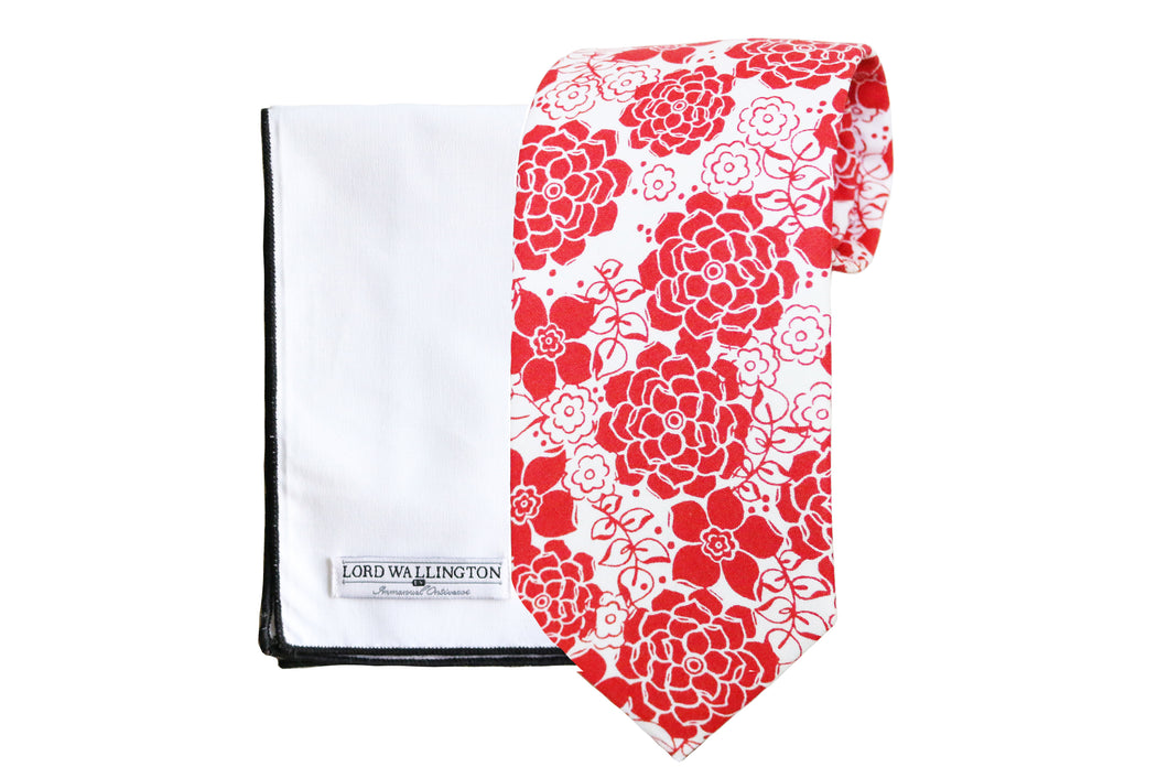 Red and White Floral Tie Set